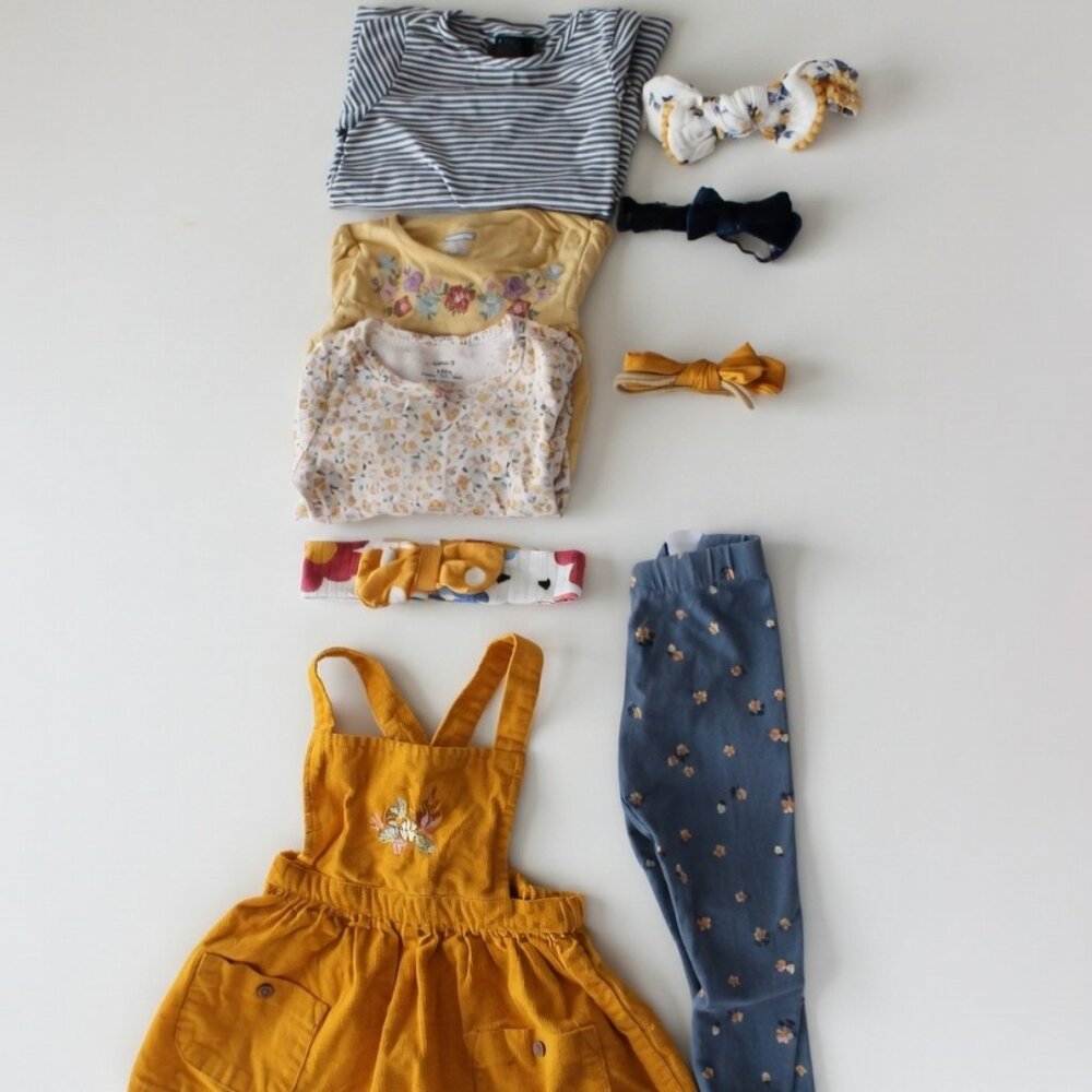 12M Baby Girl Mustard Corduroy Pinafore & Floral Capsule Bundle (9-Piece Set)